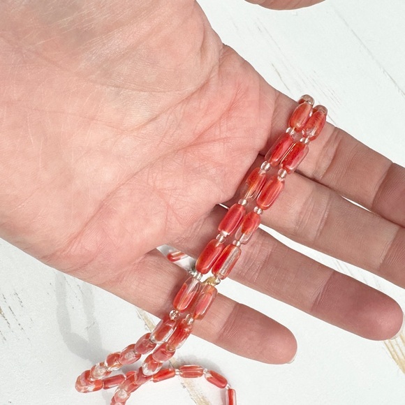 Vintage Red Givre Glass Elongated Beaded Necklace 30” Single Strand - Picture 12 of 16